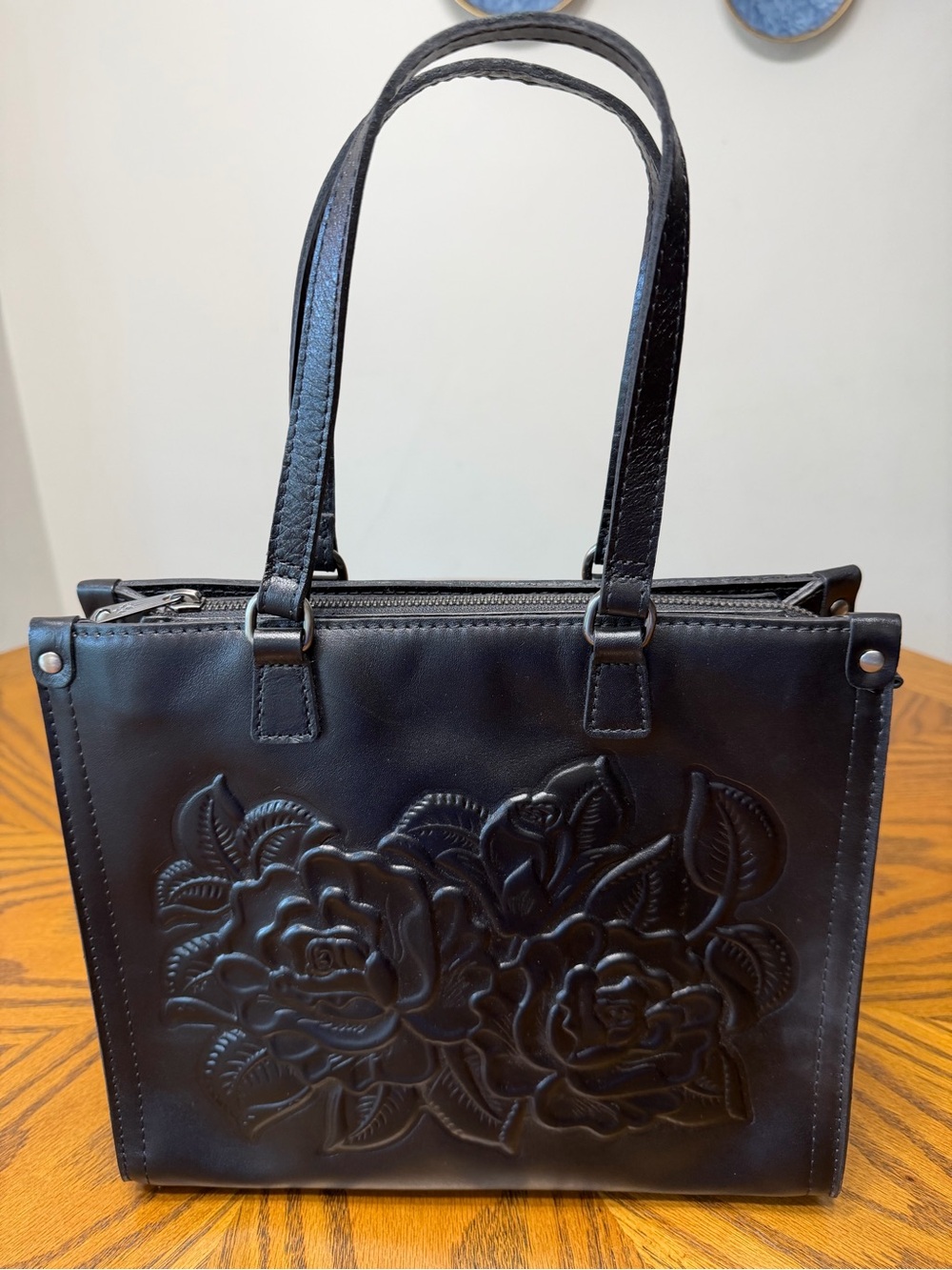 Patricia Nash Black Floral Embossed Leather Tote